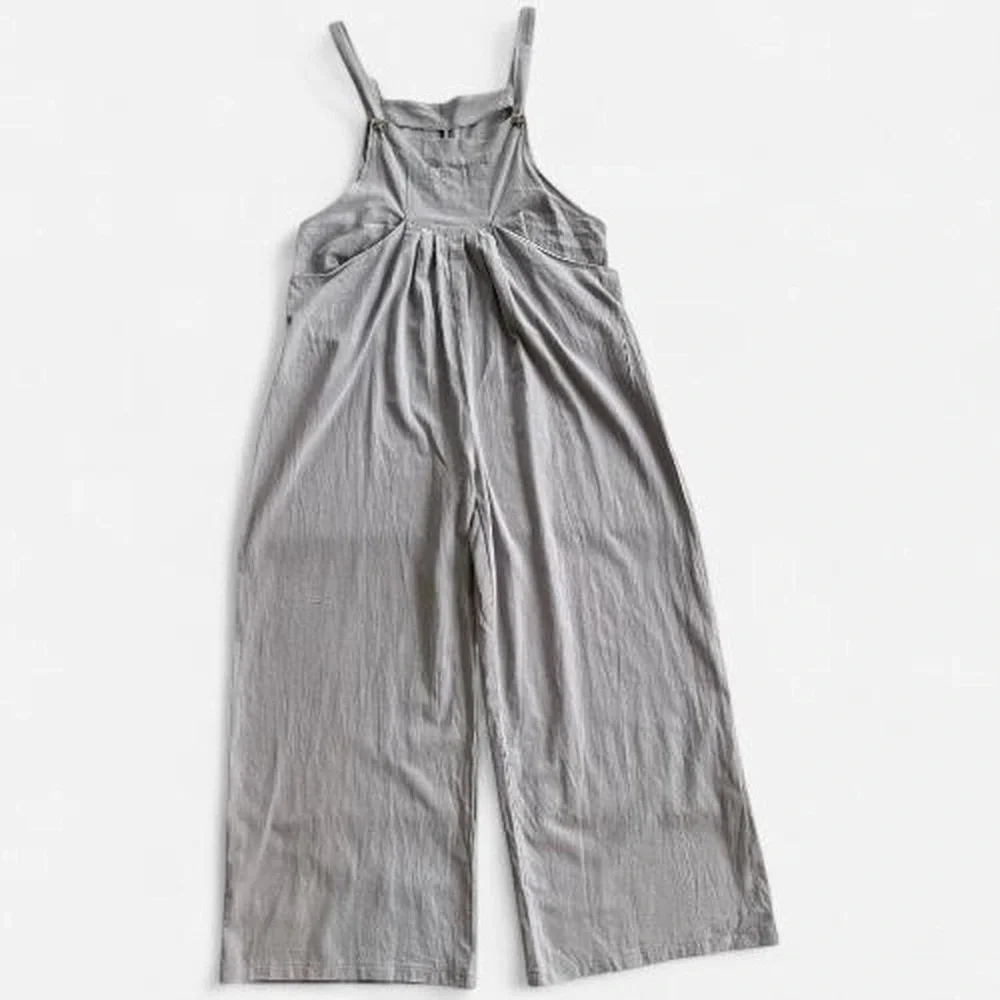 Light Gray Cotton Wide Leg Jumpsuit Romper with Pockets - Picture 5 of 6